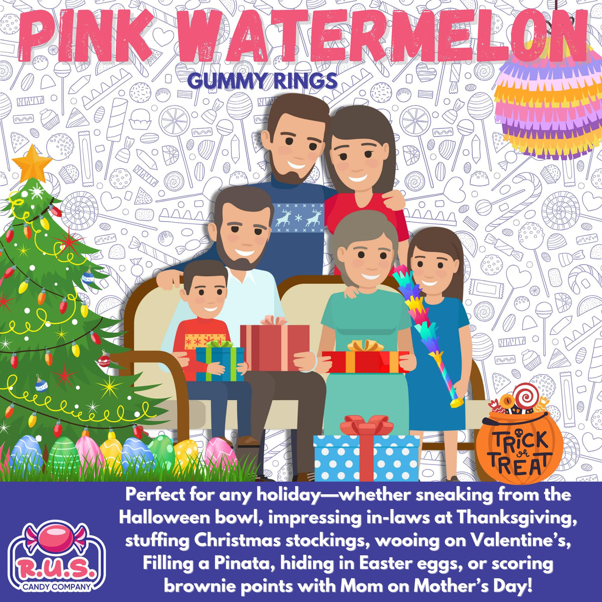 RUS Candy Pink Watermelon Ring Gummies add color and flavor to candy buffets.