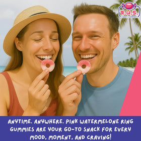 RUS Candy Pink Watermelon Ring Gummies with a soft, chewy texture for satisfying snacking.