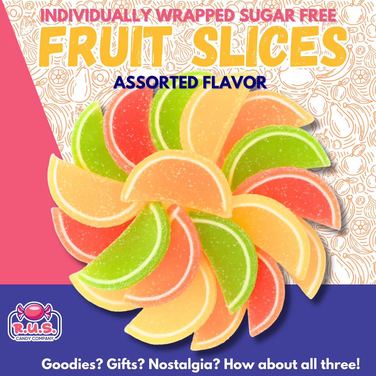 RUS Candy sugar-free fruit slices packaging closeup, premium quality seals.