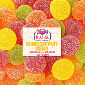 R.U.S. Candy SunKissFruit Gems bag front with colorful candies for parties.