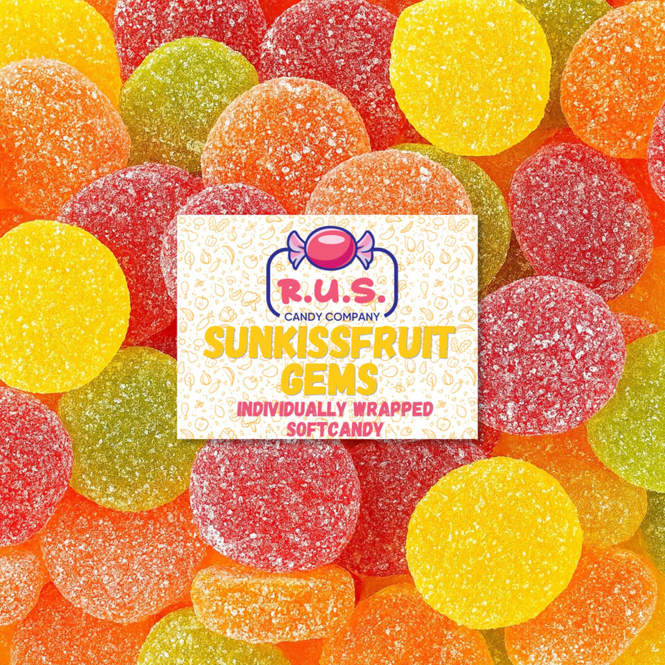 R.U.S. Candy SunKissFruit Gems bag front with colorful candies for parties.