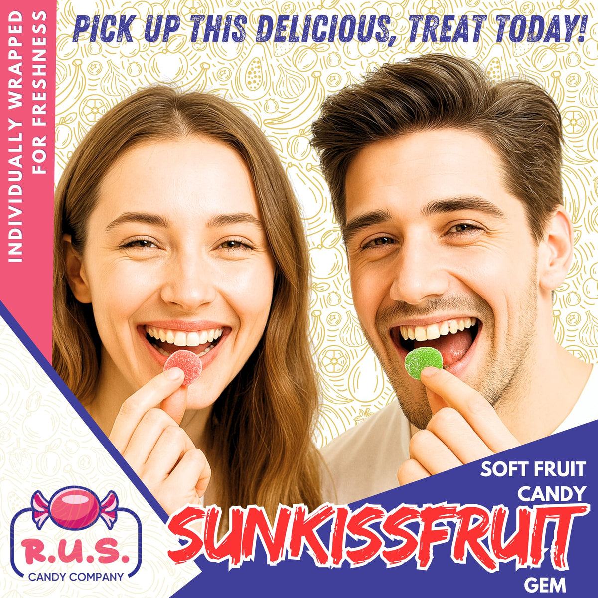 SunKissFruit Gems rainbow flavors with vivid sugar coating for dessert tables.