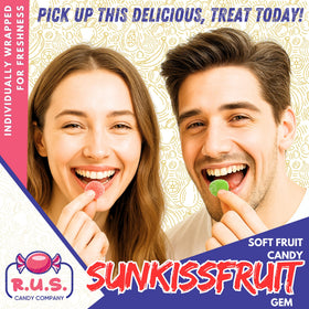 SunKissFruit Gems rainbow flavors with vivid sugar coating for dessert tables.