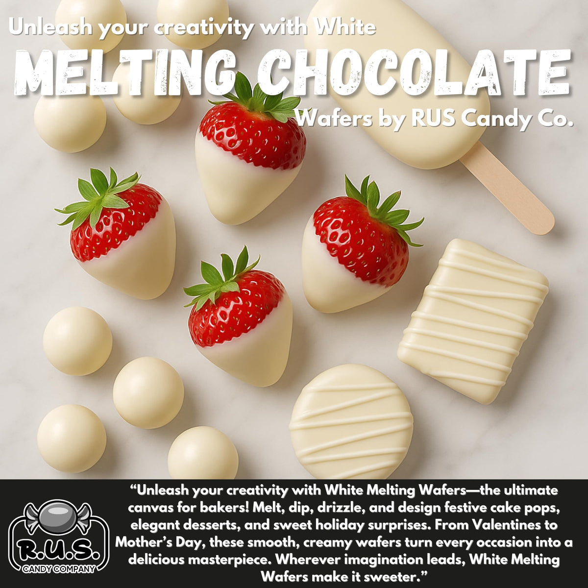 R.U.S. Candy white chocolate melts for fondue and dessert dipping.