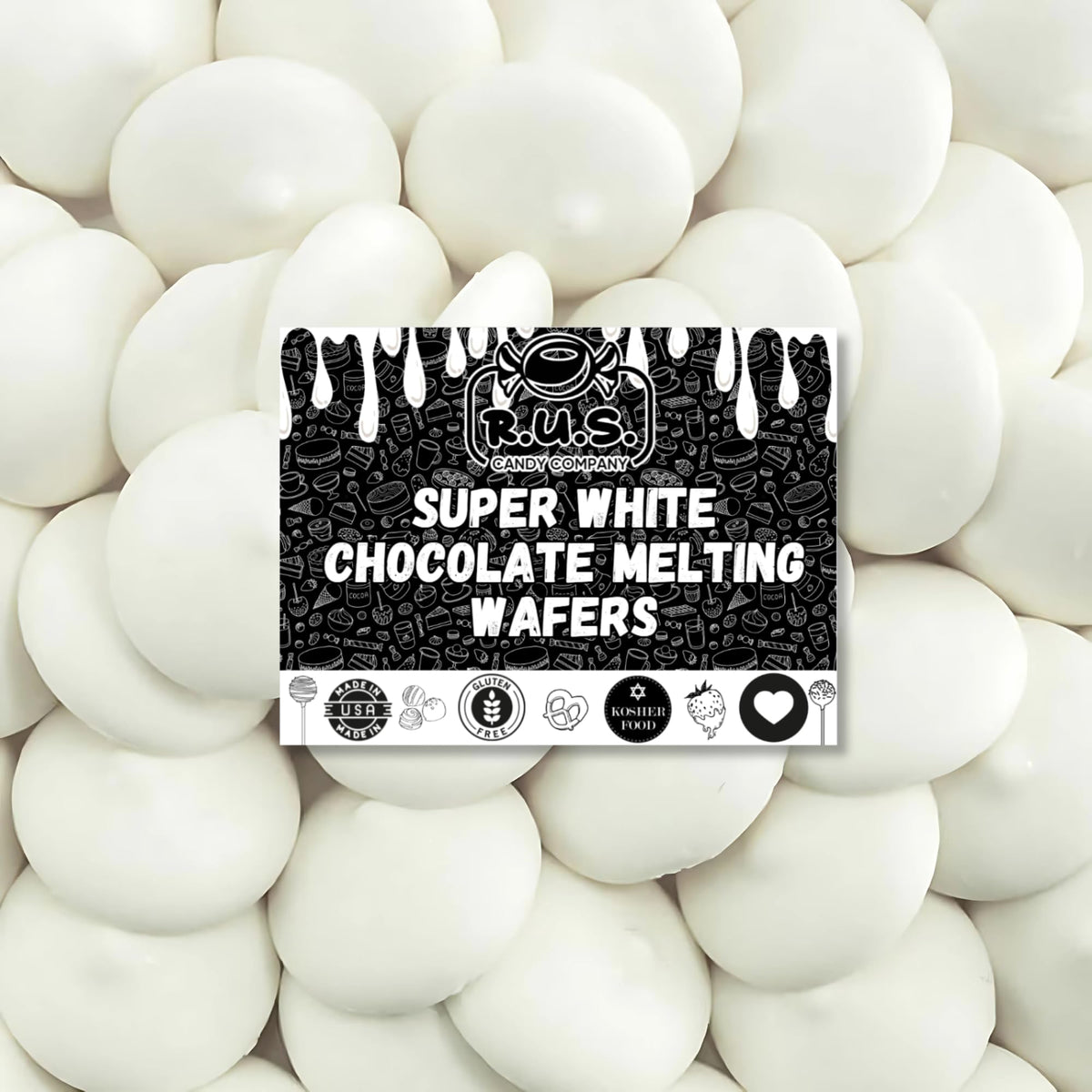 R.U.S. Candy white chocolate melts in a 32 oz bulk bag ideal for baking prep.