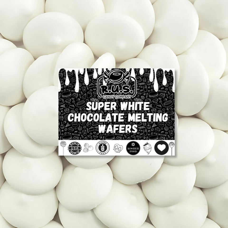 R.U.S. Candy white chocolate melts in a 32 oz bulk bag ideal for baking prep.