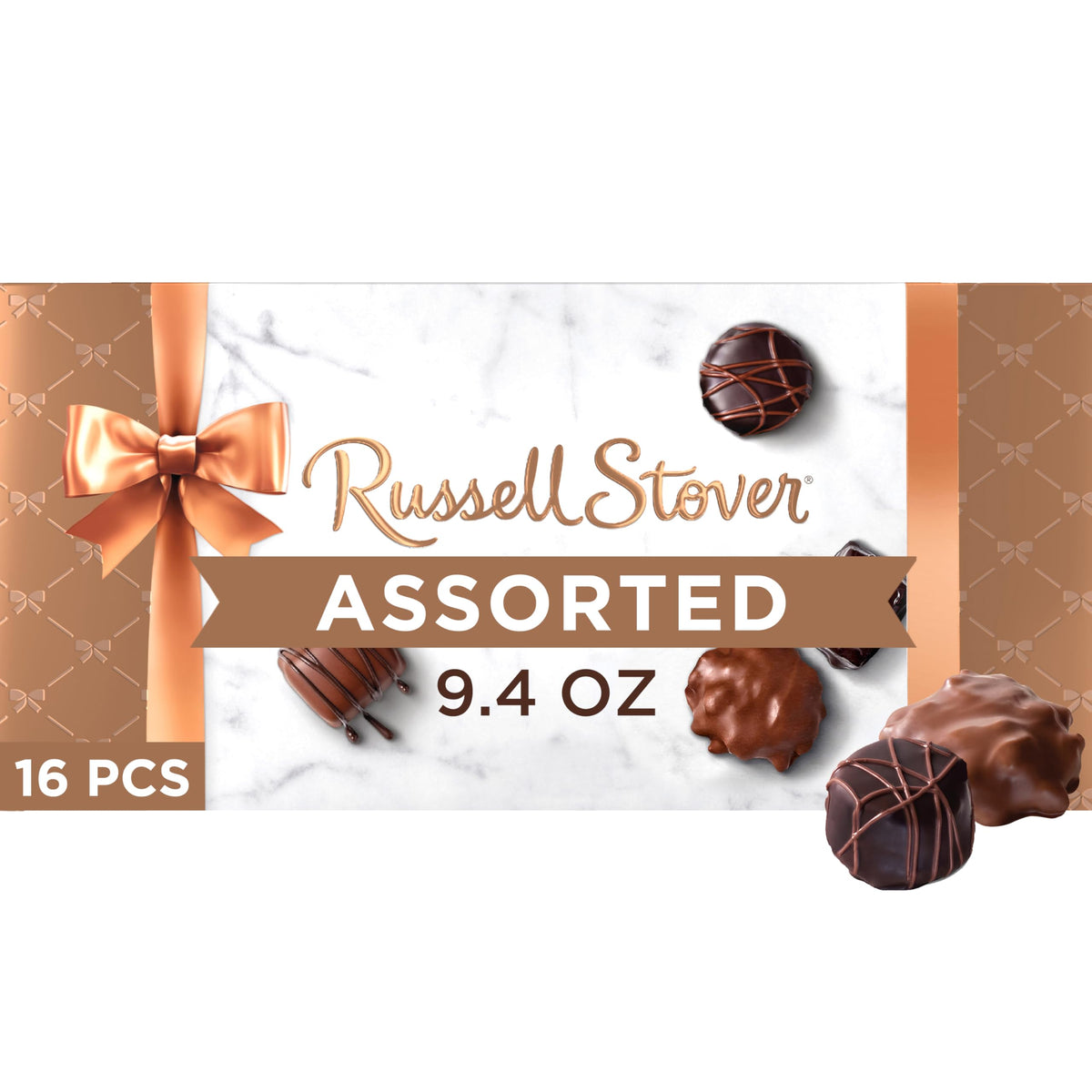 Russell Stover assorted chocolates box front view, gift-ready presentation.