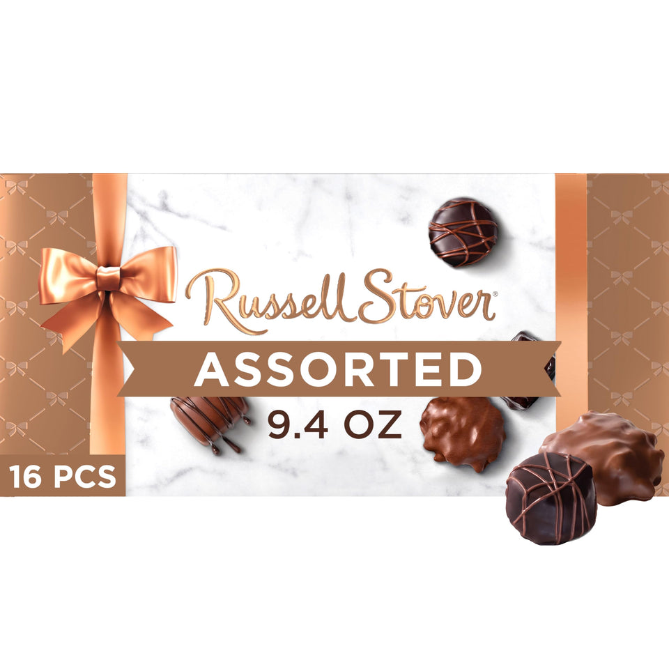 Russell Stover assorted chocolates box front view, gift-ready presentation.