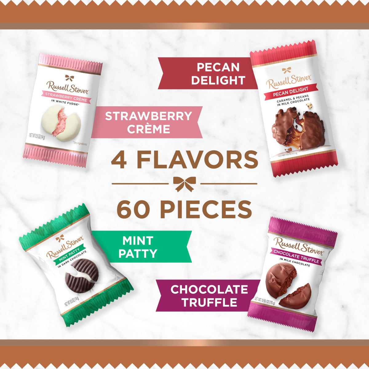 Assorted flavors on display, 60-piece selection for sharing by Russell Stover.