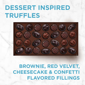 RUSSELL STOVER brownie truffle in dark chocolate close-up, rich bite-sized indulgence.