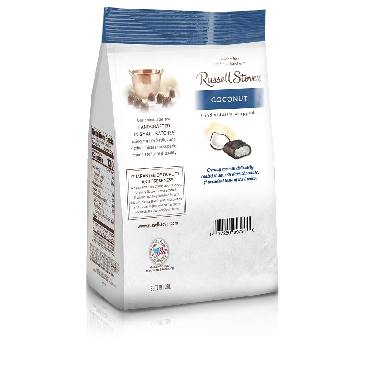 Russell Stover coconut-covered dark chocolate closeup, creamy texture ideal for an afternoon treat.