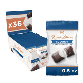 Russell Stover dark chocolate coconut candies on a plate, ideal for sharing.