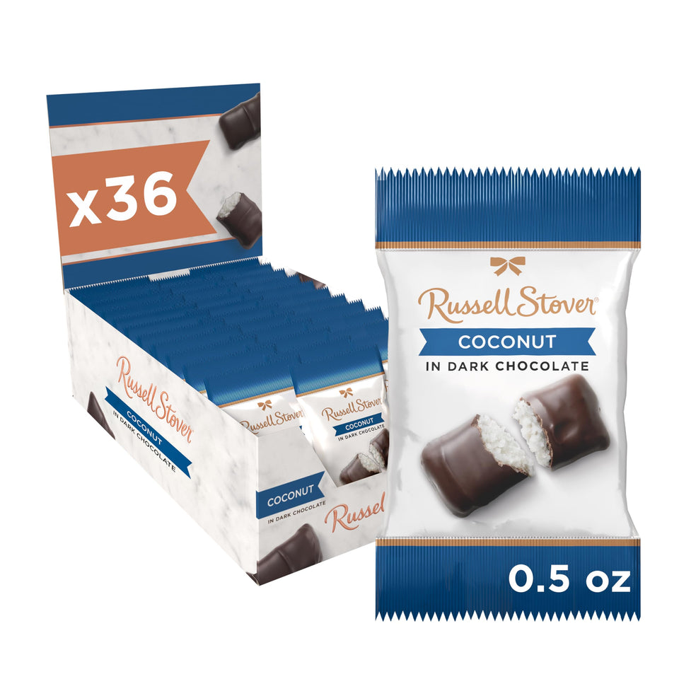 Russell Stover dark chocolate coconut candies on a plate, ideal for sharing.