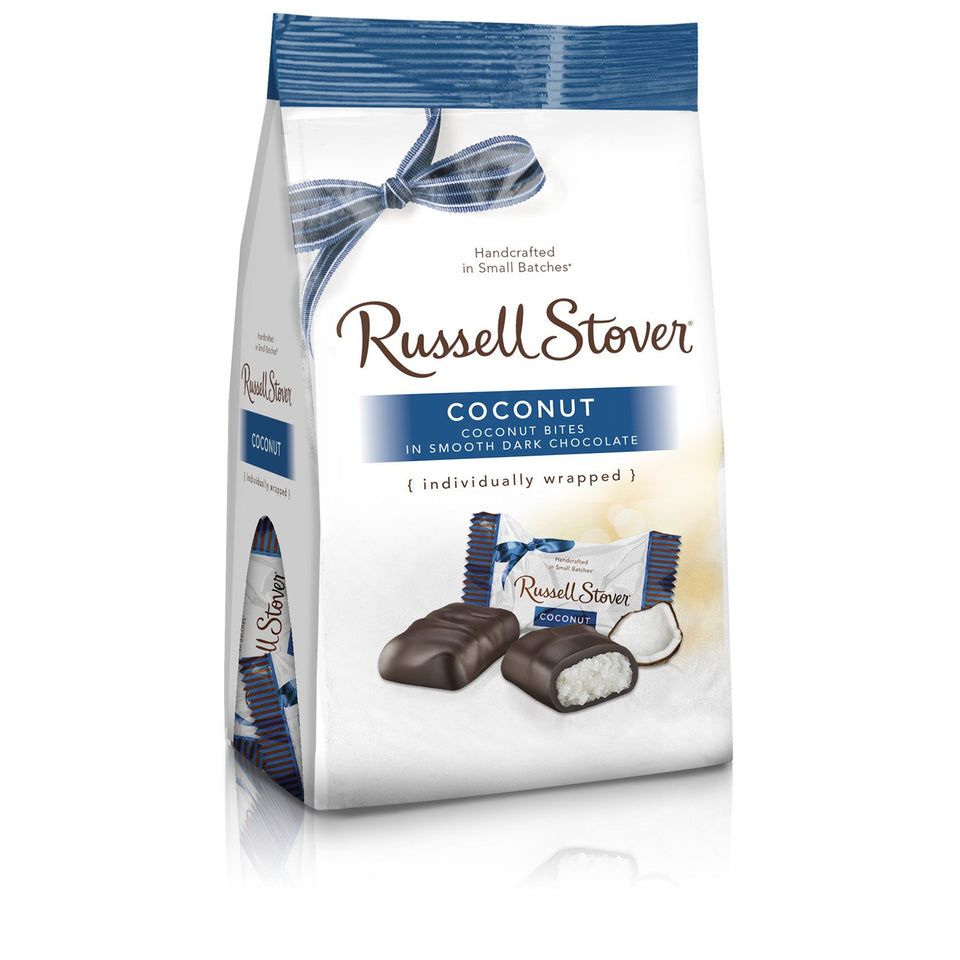 Russell Stover dark chocolate coconut mini bag front, convenient bite-sized treats for gifting.