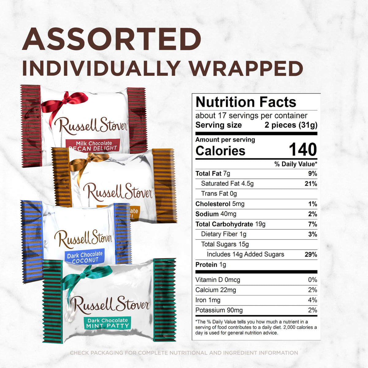 Russell Stover dark chocolate coconut piece with tropical notes.