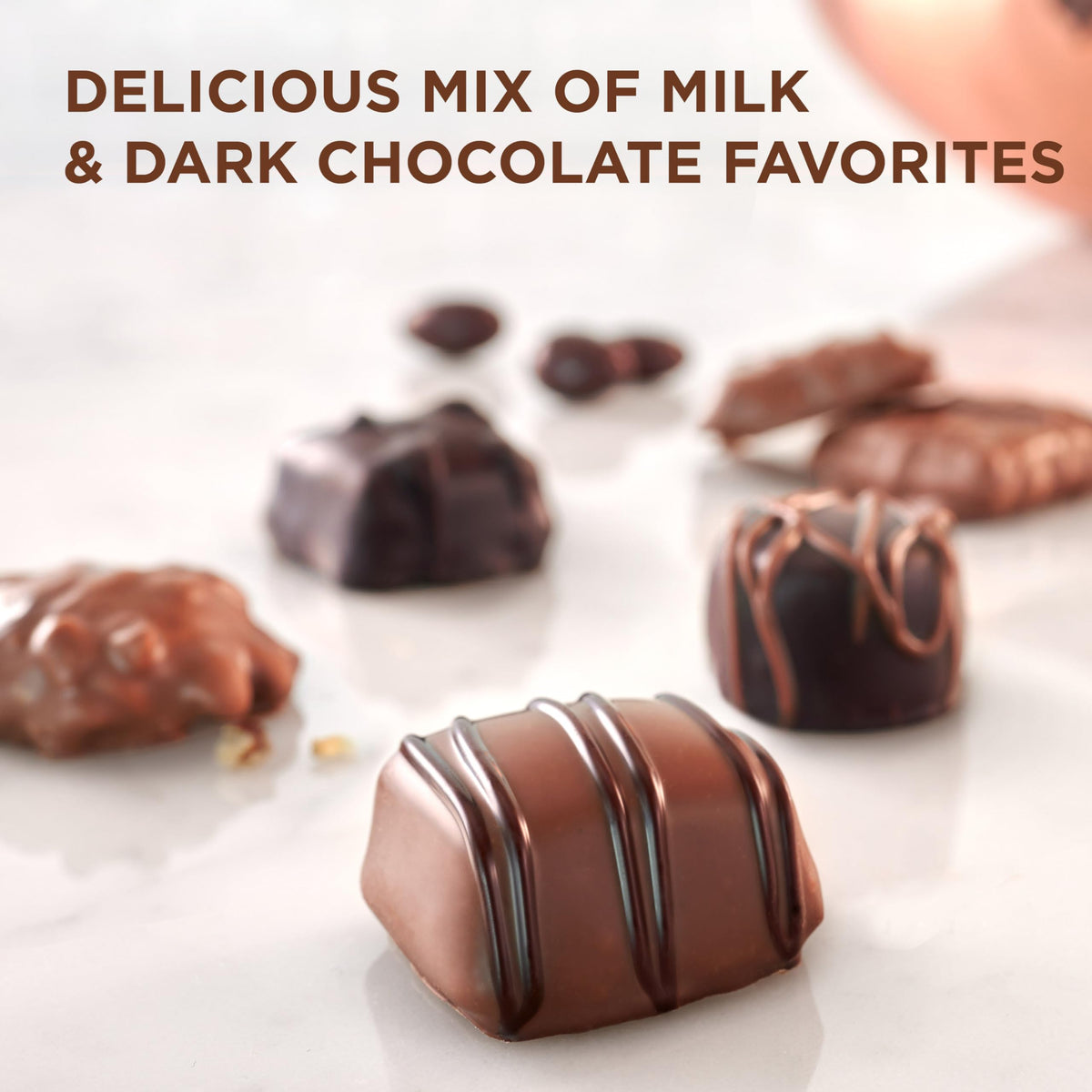 Russell Stover dark chocolate truffle close-up, rich flavor for special moments.