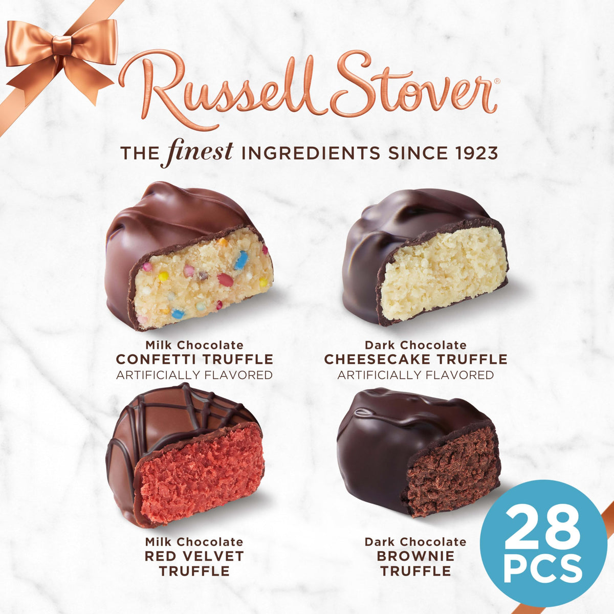 RUSSELL STOVER assorted truffles close-up, four flavors showcased for dessert lovers.