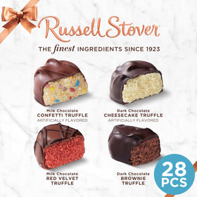 RUSSELL STOVER assorted truffles close-up, four flavors showcased for dessert lovers.