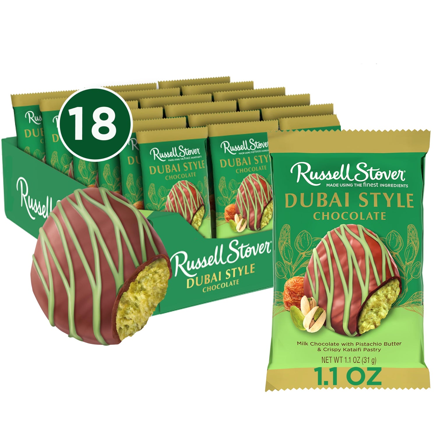 Russell Stover Dubai Style pistachio and kataifi bar wrapped for freshness