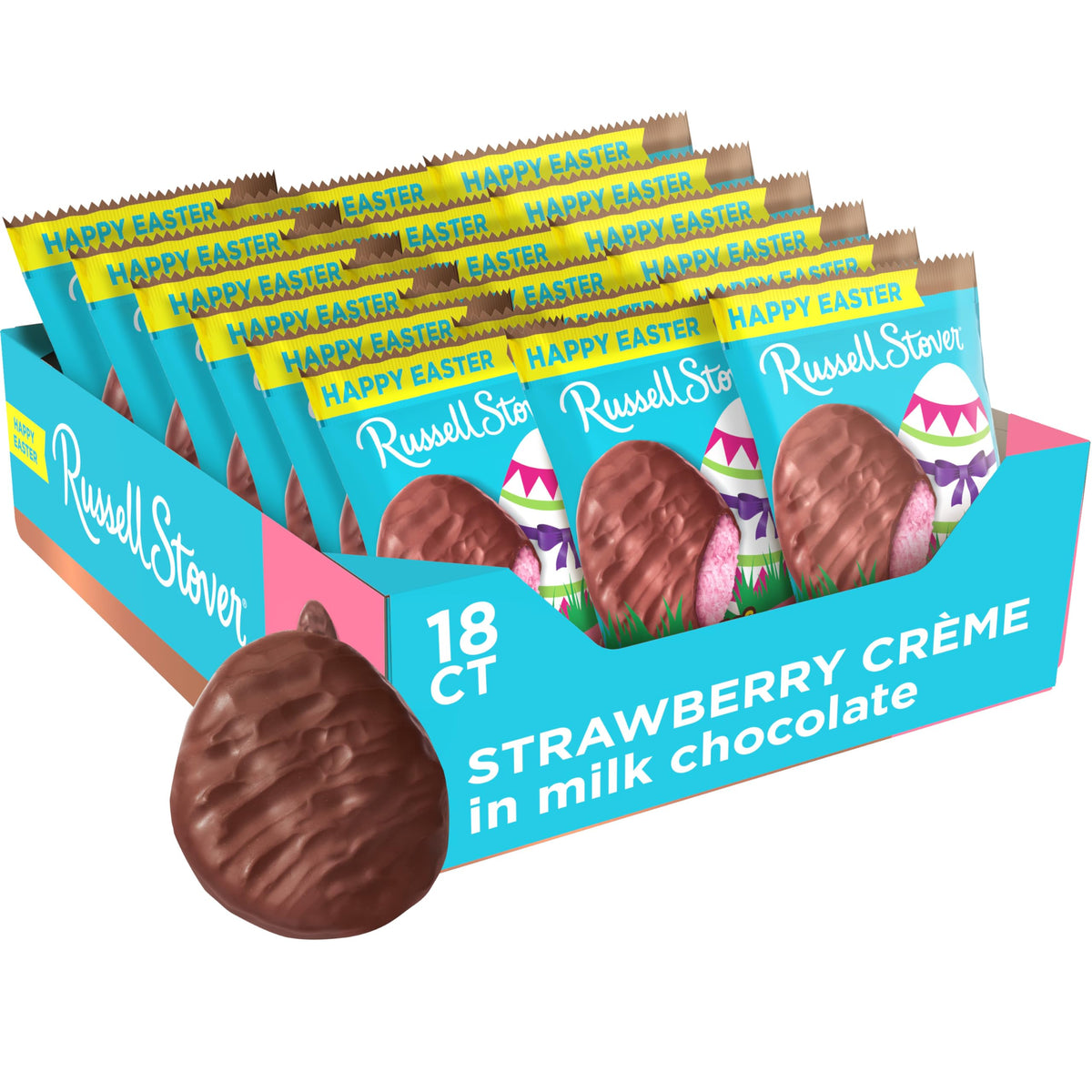 Russell Stover Easter strawberry creme milk chocolate egg, 1.3 oz, ideal for gifting and sharing.