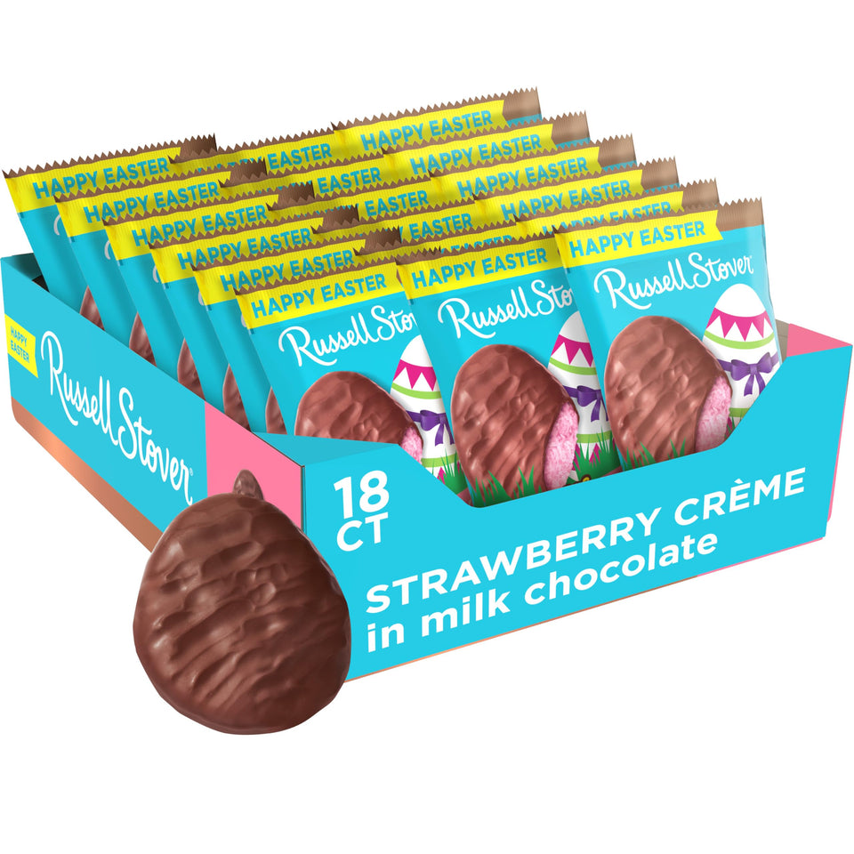 Russell Stover Easter strawberry creme milk chocolate egg, 1.3 oz, ideal for gifting and sharing.