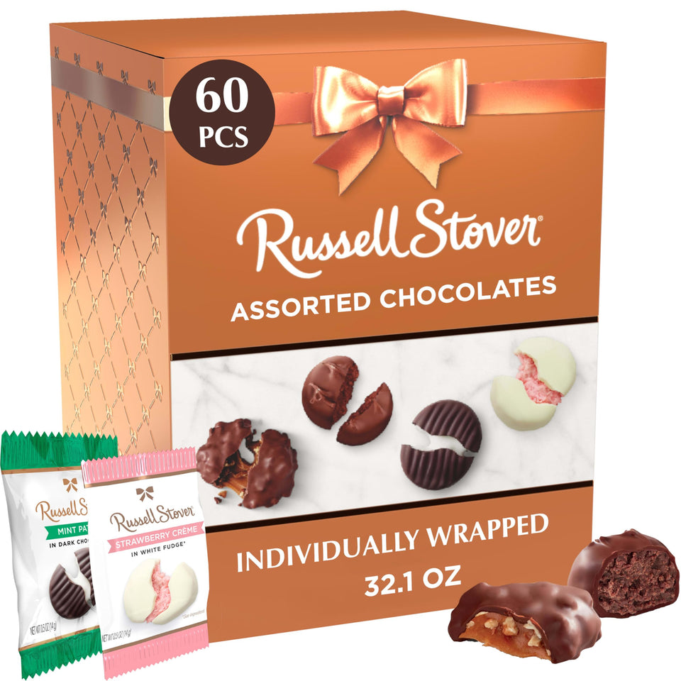 Russell Stover copper gift box, elegant packaging for gifting.