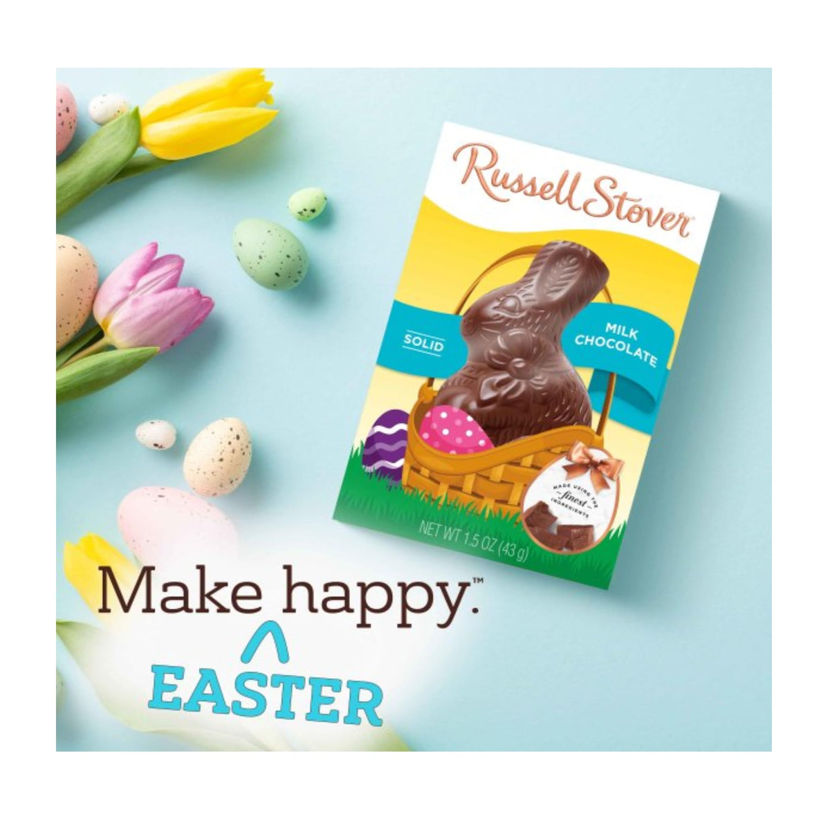 Festive Russell Stover bunny chocolates with a decorative design for celebrations.