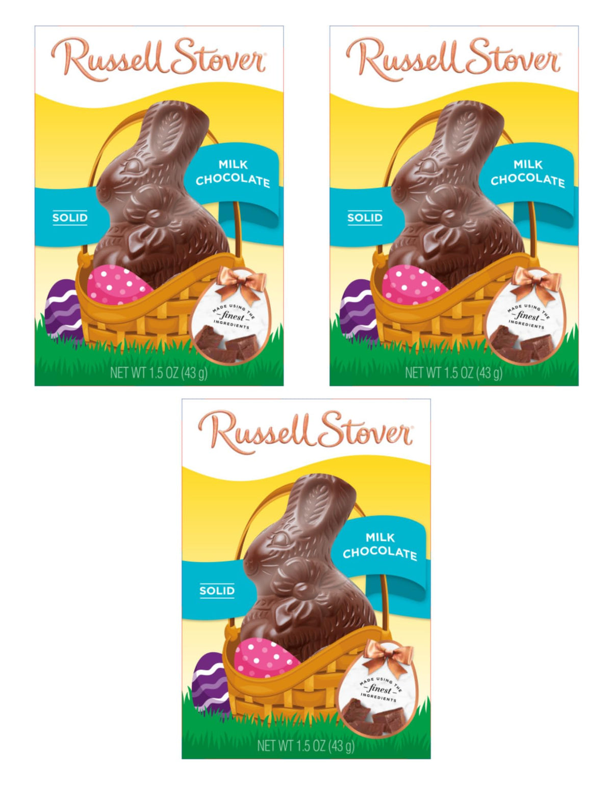 Russell Stover milk chocolate bunnies 3-pack for Easter baskets and sharing.