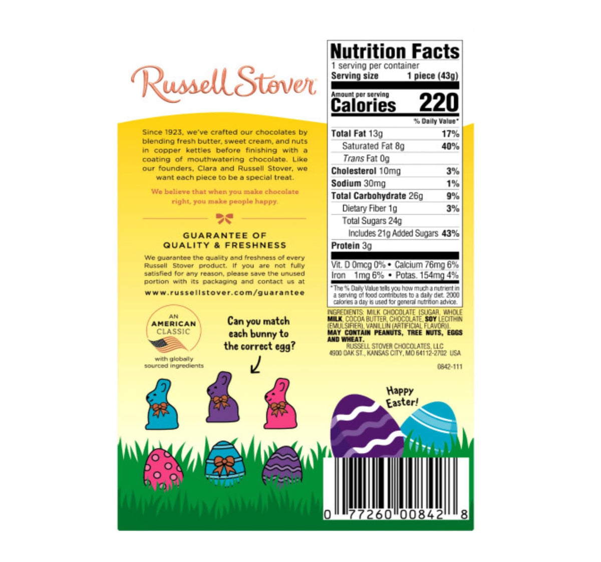 Gifting-ready Russell Stover milk chocolate bunny on a table for Easter.