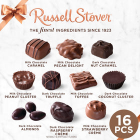 Russell Stover milk chocolate caramel close-up, creamy center invites indulgence.
