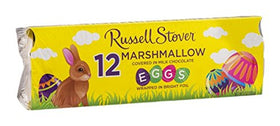Russell Stover milk chocolate marshmallow eggs 12ct foil wrapper, festive and ready for celebration.
