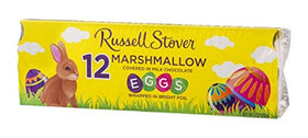 Russell Stover milk chocolate marshmallow eggs 12ct packaging, ideal for gifting and sharing.