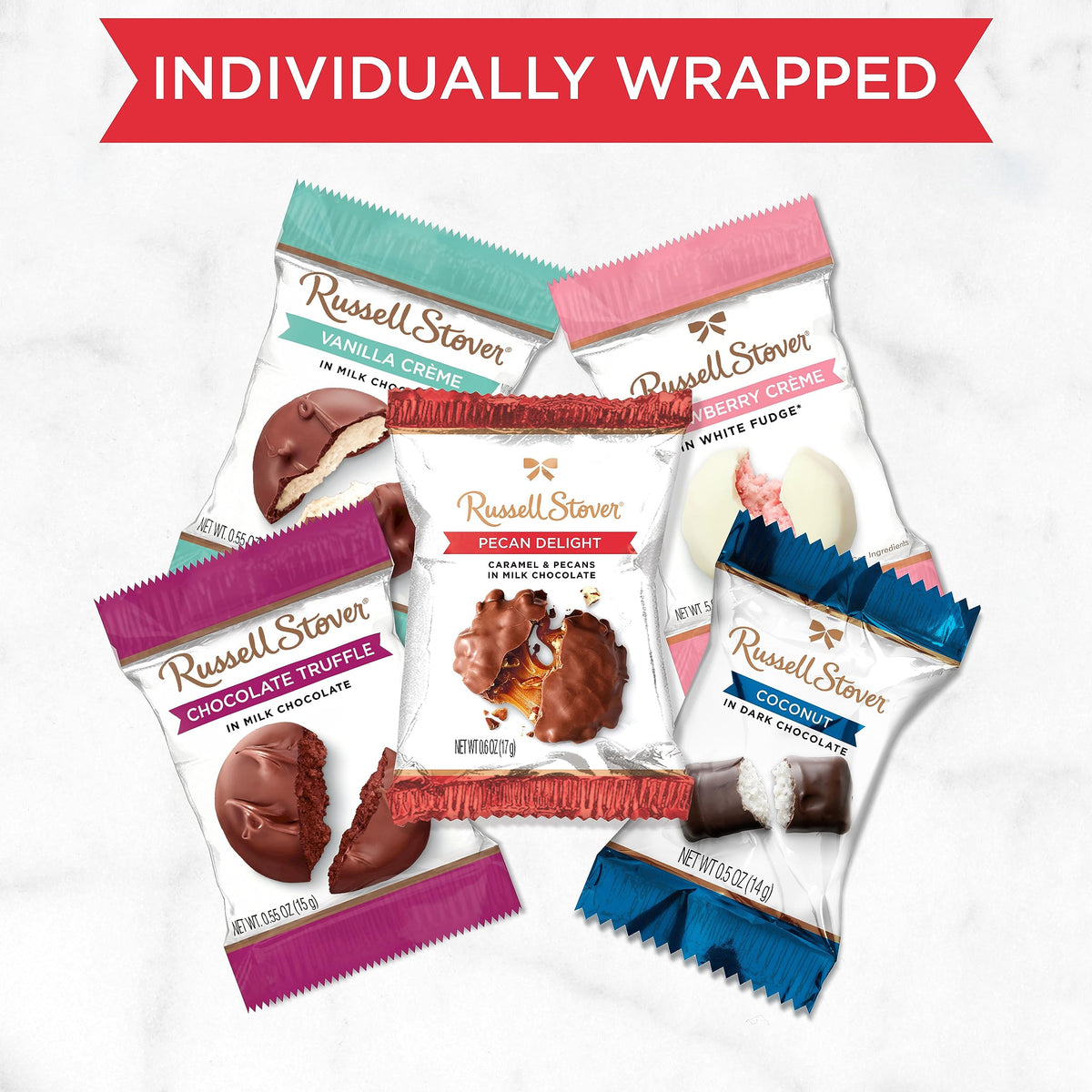 Russell Stover Milk Chocolate Pecan Delight box display, party-ready.