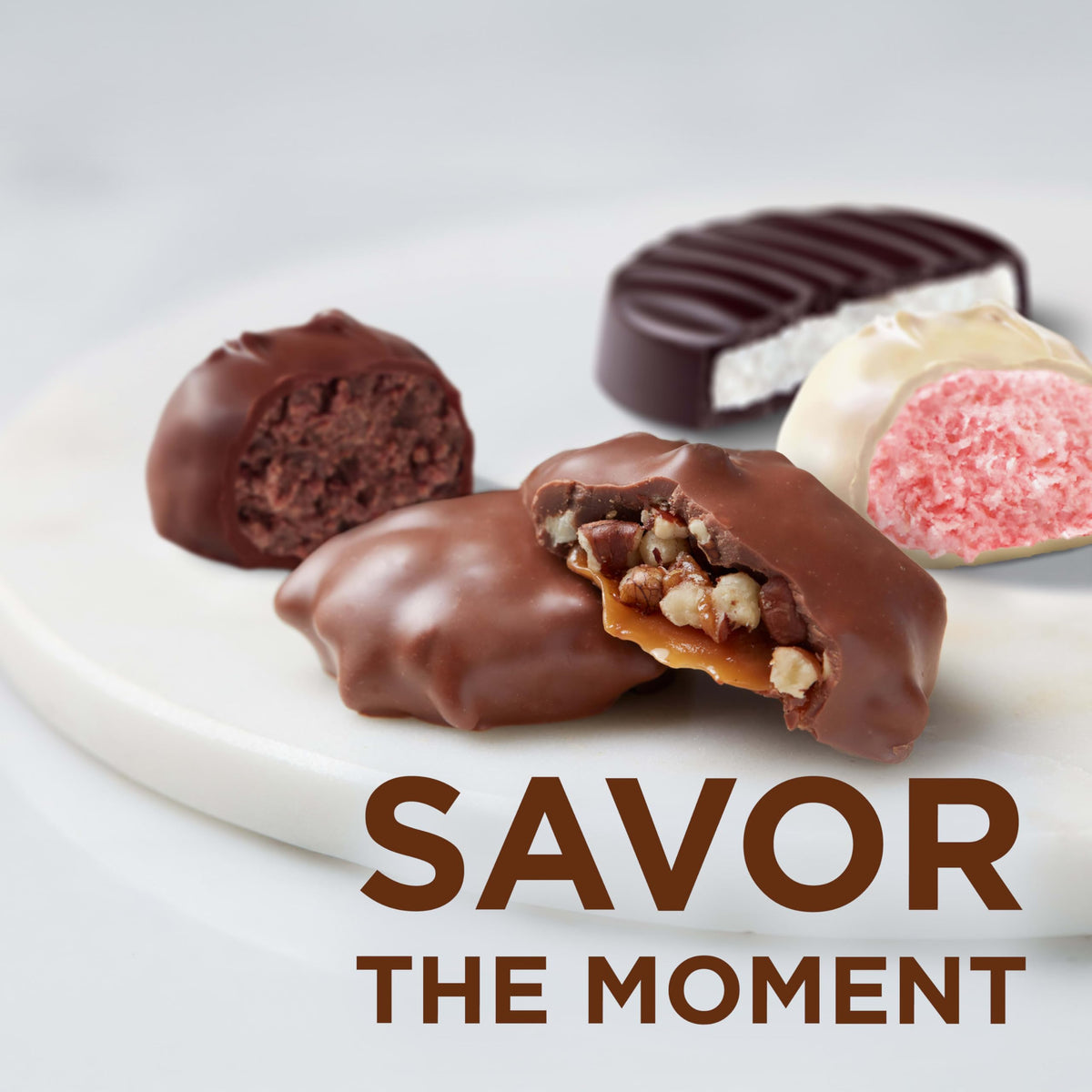 Milk chocolate pecan delight with crunchy pecans in smooth chocolate by Russell Stover.