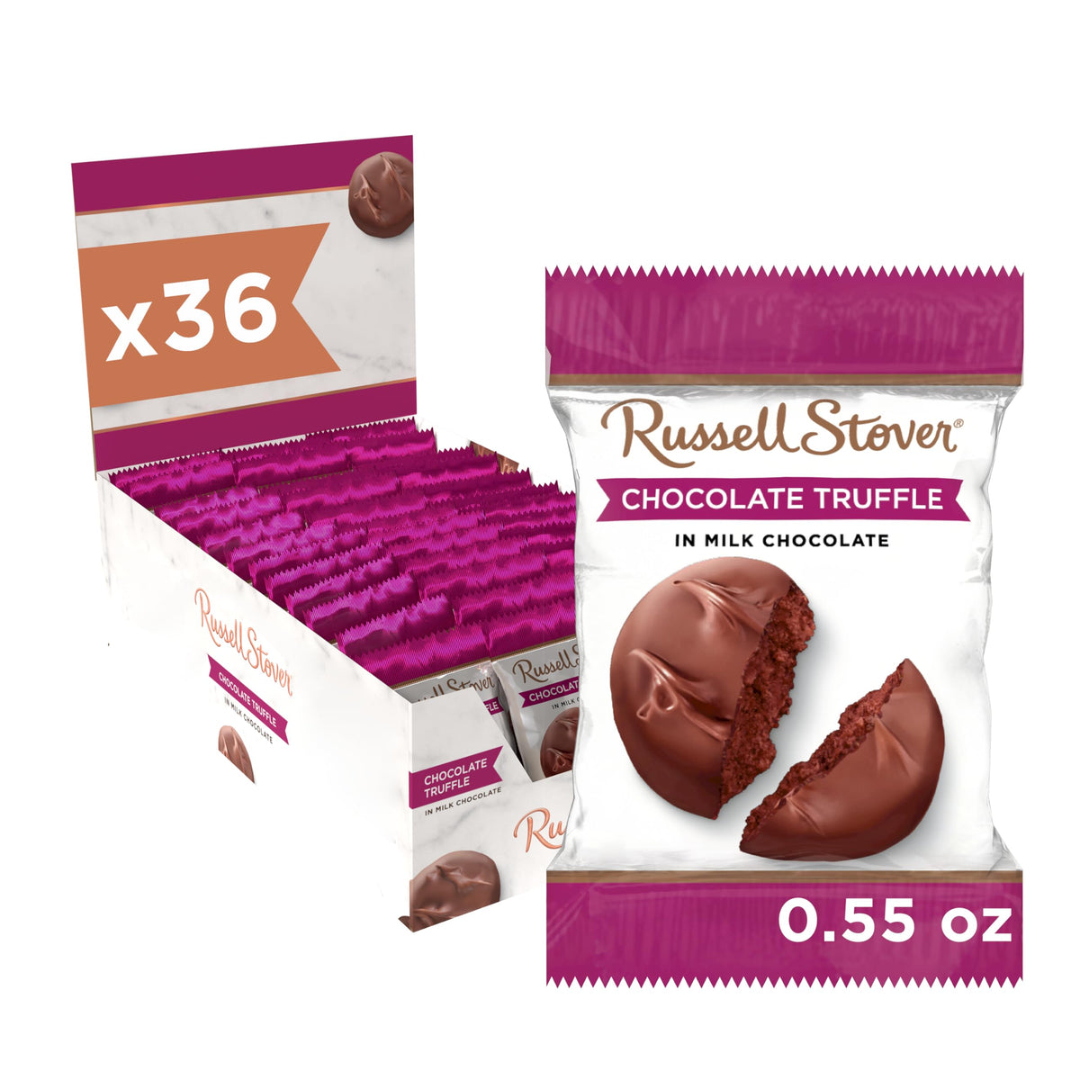 Russell Stover milk chocolate truffle pack 36 arranged for gifting or sharing