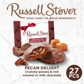 Russell Stover Pecan Delight pecans close-up showing caramel