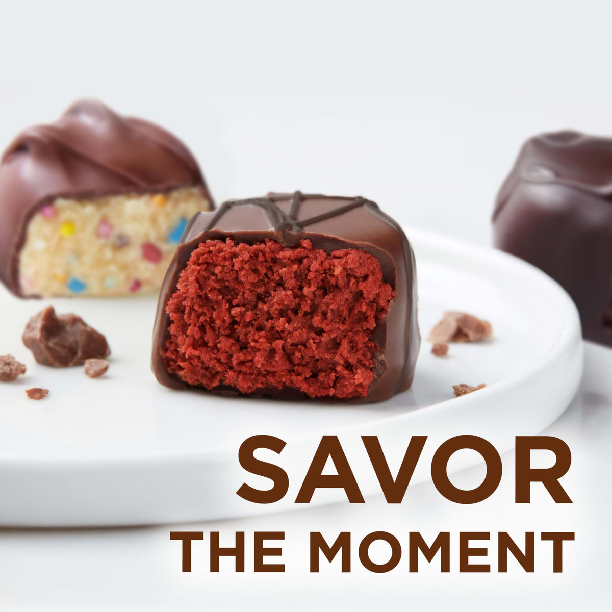 RUSSELL STOVER red velvet truffle in milk chocolate, creamy and festive.