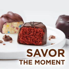 RUSSELL STOVER red velvet truffle in milk chocolate, creamy and festive.