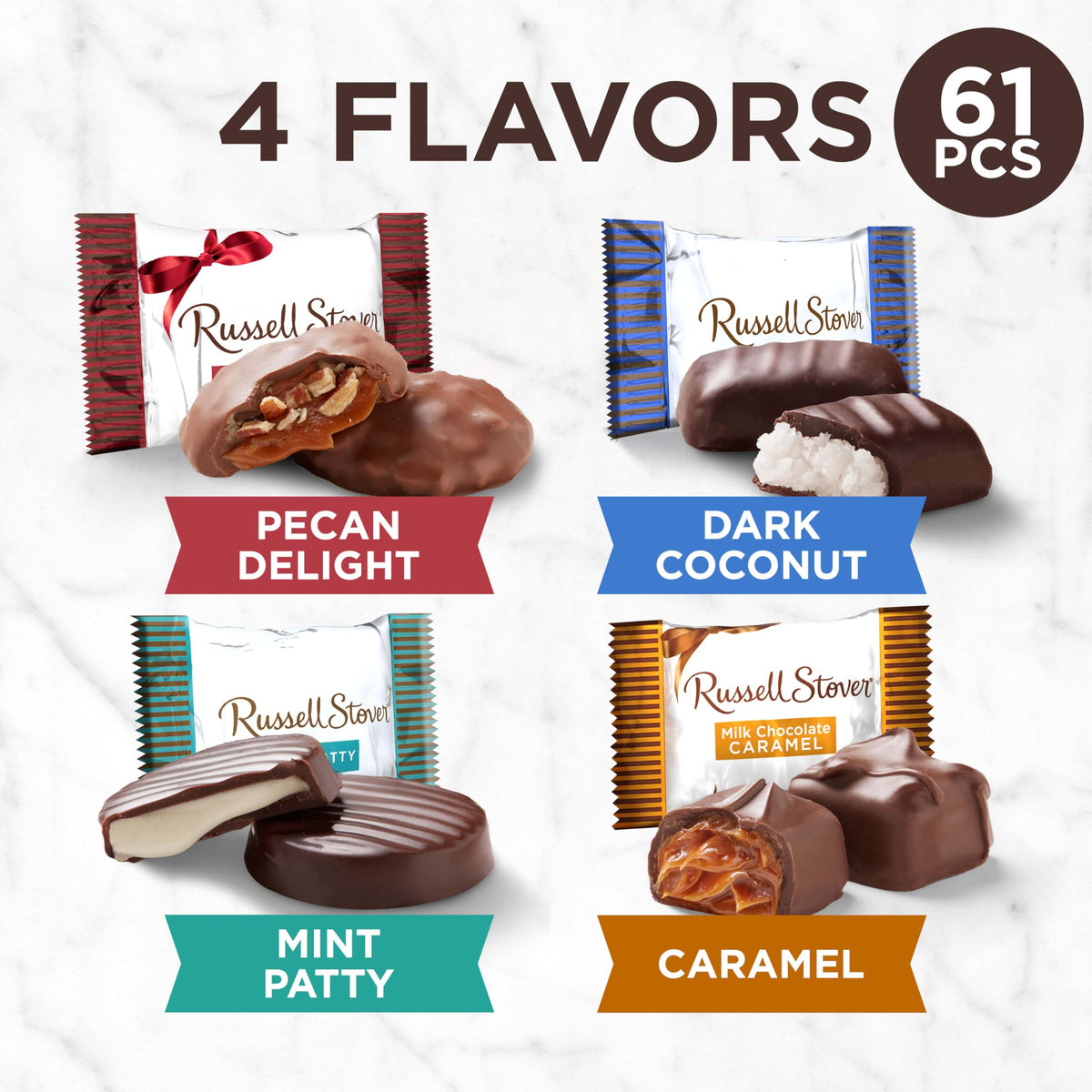 RUSSELL STOVER Shareables Milk Chocolate Pecan Delight—rich chocolate with pecans, ideal for dessert trays.