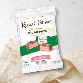 Strawberry creme filling inside dark chocolate in a Russell Stover candy bar.