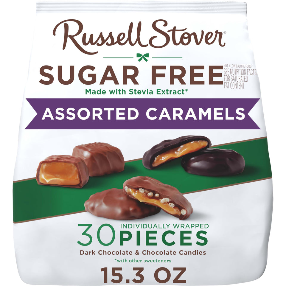 Russell Stover sugar-free assorted caramels bag for sharing and on-the-go indulgence