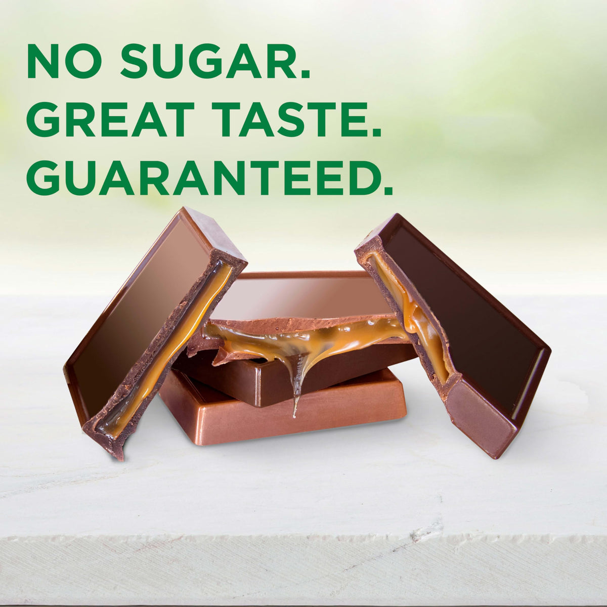 Bag of Russell Stover sugar-free caramel chocolate tiles with about four pieces per bag.