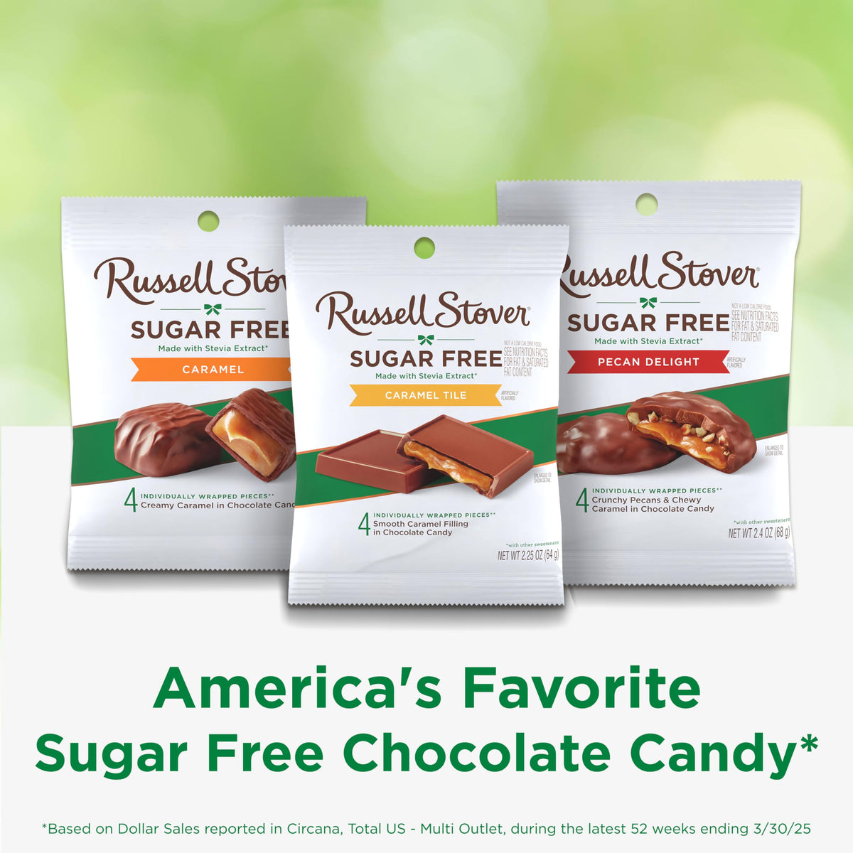 Close-up of creamy caramel filling inside Russell Stover sugar-free chocolate tile.