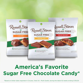 Close-up of creamy caramel filling inside Russell Stover sugar-free chocolate tile.