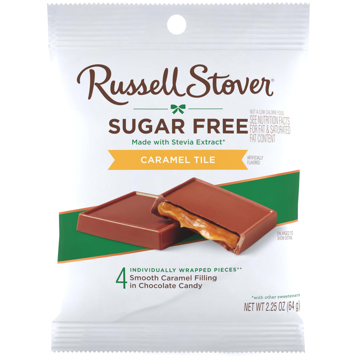 Gift-ready packaging of Russell Stover sugar-free caramel chocolate tiles for a thoughtful treat.