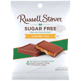 Gift-ready packaging of Russell Stover sugar-free caramel chocolate tiles for a thoughtful treat.