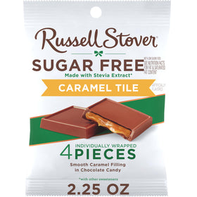 Russell Stover sugar-free caramel chocolate tile, individually wrapped for on-the-go indulgence.