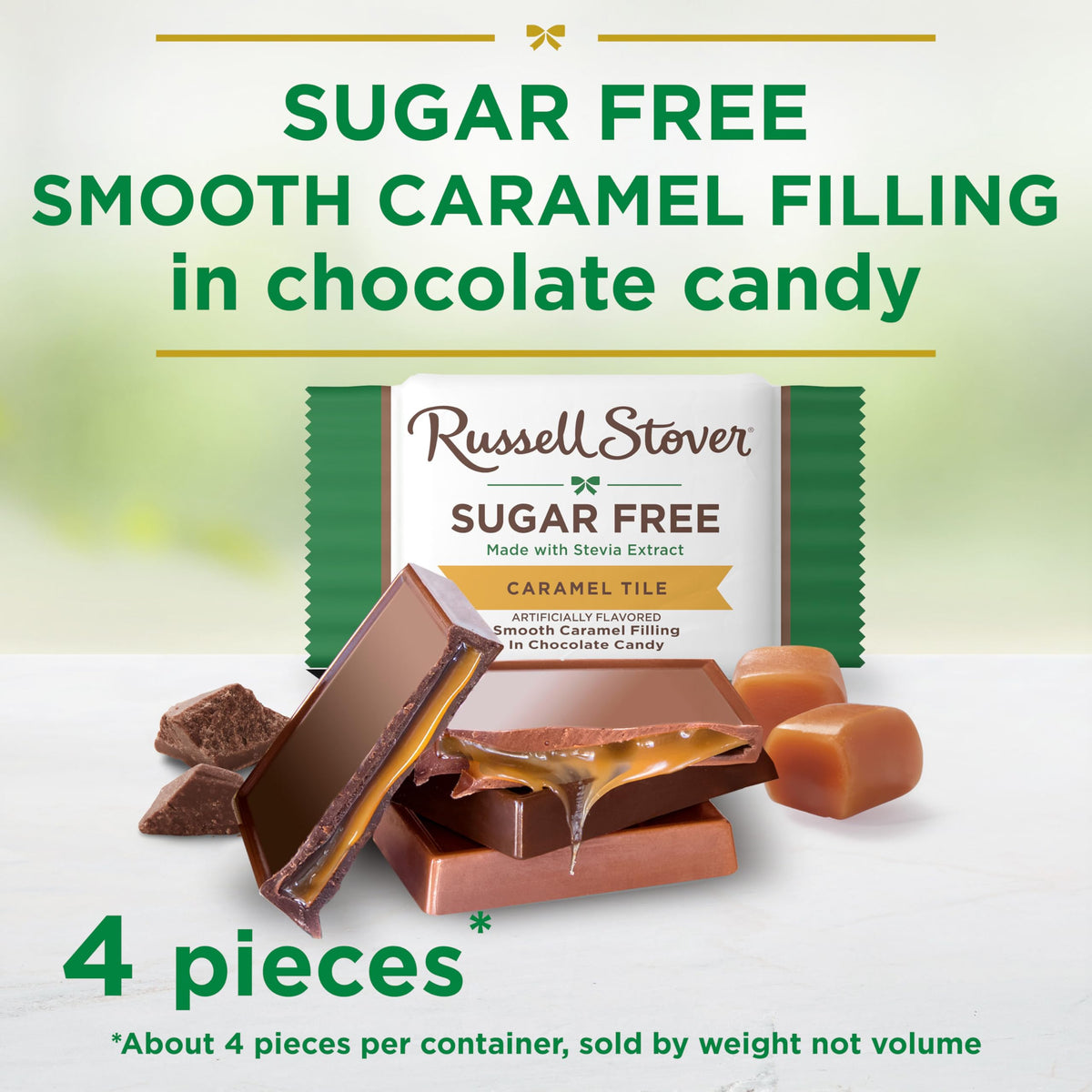 Russell Stover sugar-free caramel chocolate tile shown in a portable 10-pack for snacking anywhere.