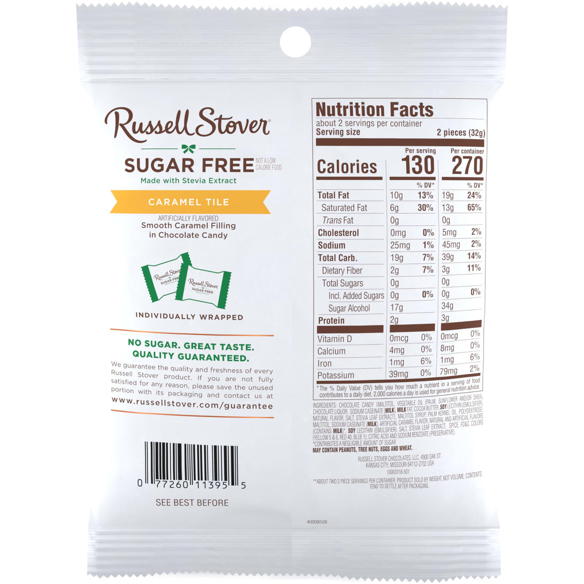 Close-up texture of velvety chocolate and caramel in Russell Stover sugar-free tile.