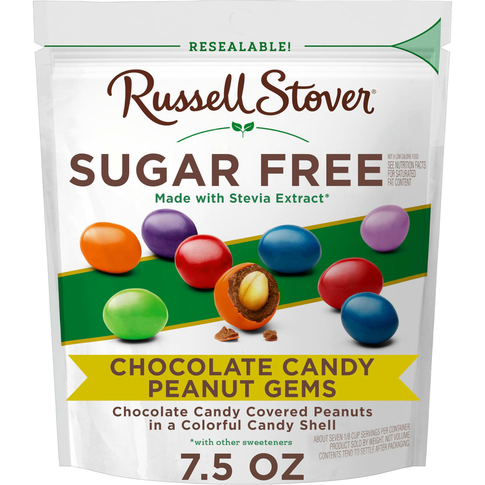Russell Stover Sugar Free Peanut Gems bag front with colorful shell, ideal for on-the-go snacking.